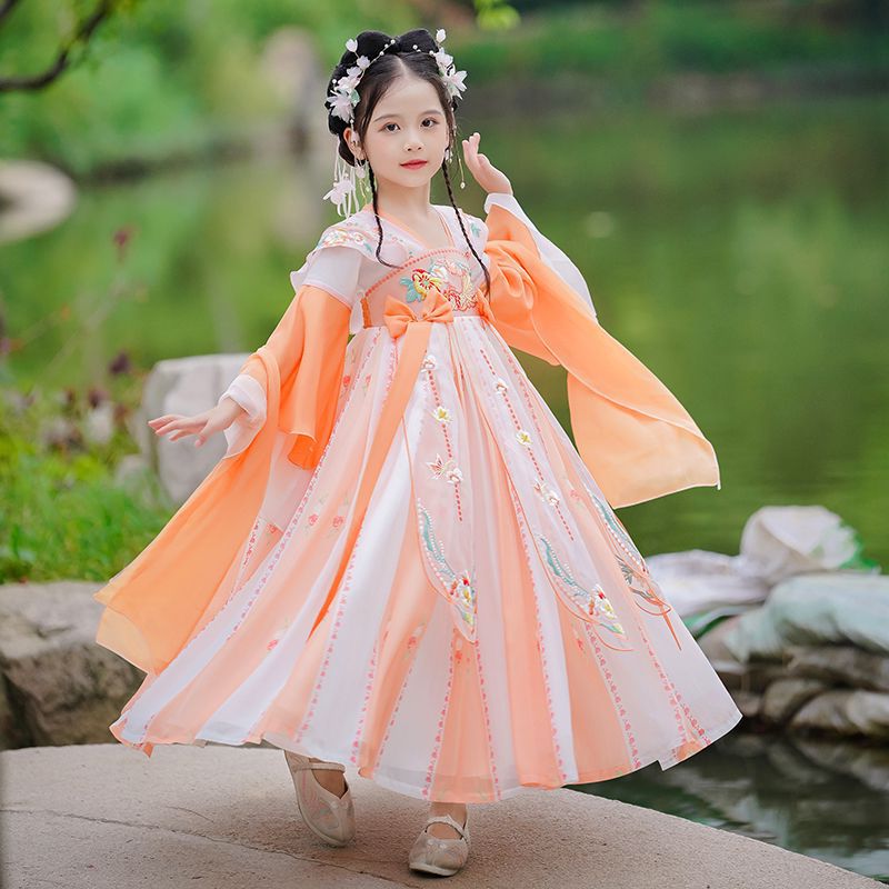 汉服女童秋款长袖古风新款2024小女孩中国风超仙中秋节古装连衣裙