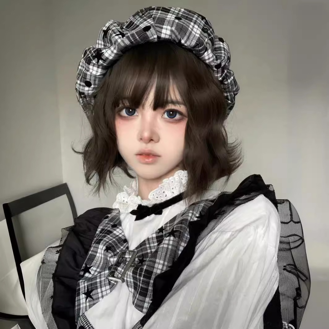 程铭假发女冷棕色lolita甜美短卷发齐刘海羊毛卷外翘短卷全头套式