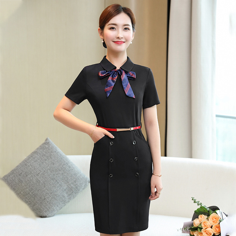 夏装2020款连衣裙工作服女教师工装裙商务上班族前台美容院短袖潮
