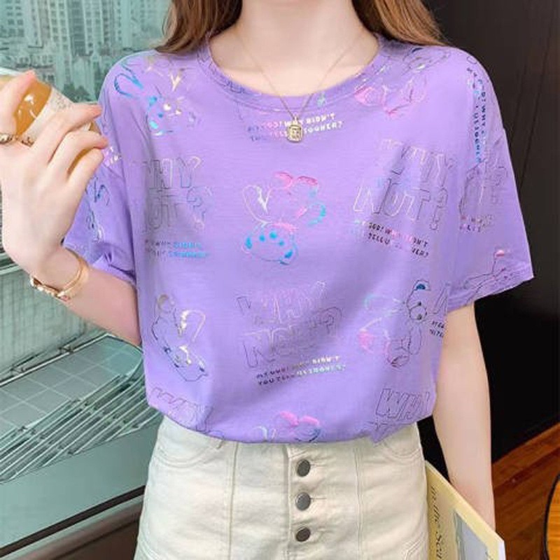 2022 New Korean Style T-shirt Summer Top Fashionable Blended Cotton Short-Sleeved T-shirt Women's Wide Loose Shoulder Summer Women's Clothing