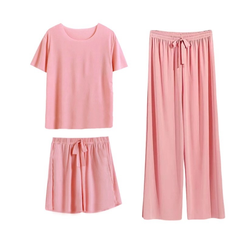 round-Neck Comfortable Pajamas Three-Piece Women's 2023 Spring and Summer New Loose Outfit Women's Casual Ice Silk Short Sleeve Homewear