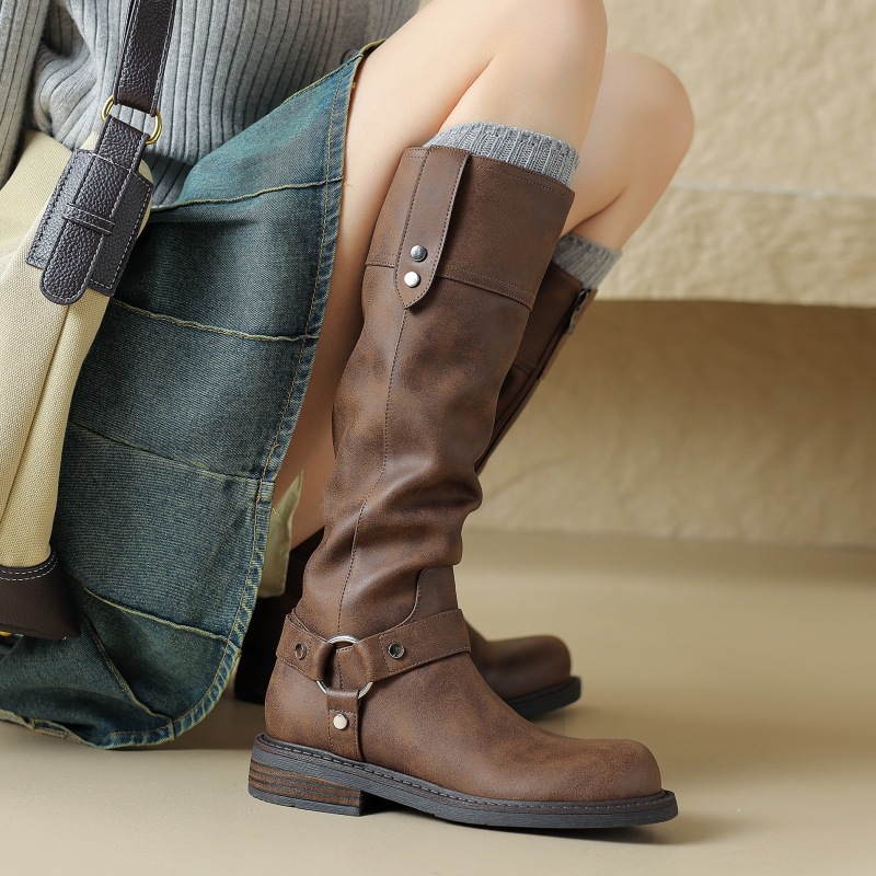 2023秋冬款牛皮复古帅气骑士靴皮带扣加绒平底高筒瘦瘦长靴女40码