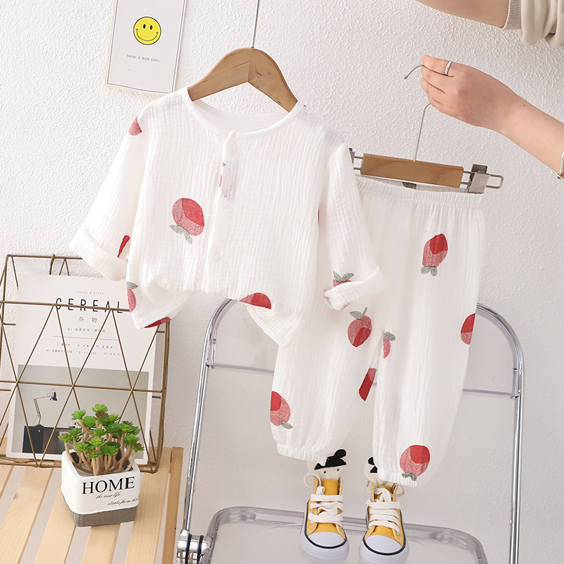 Children's Pajamas Summer Thin Cotton Gauze Home Wear Baby Double-Layer Loose Baby Boy Long Sleeve Air Conditioning Suit Baby Clothes