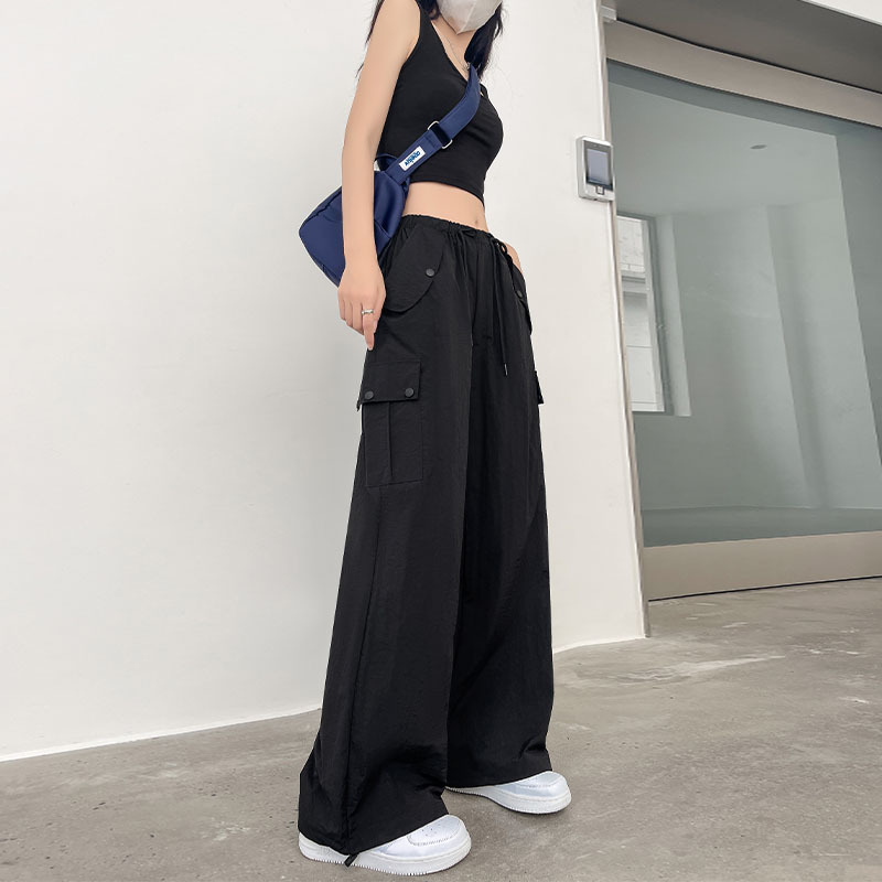 [Nylon Outdoor Overalls] Black Wide-Leg Pants Women's Spring High Waist Loose Sweatpants Casual American Sports Pants