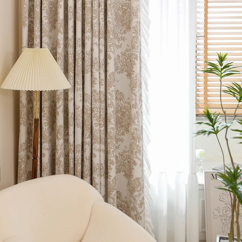 原版杨梅树加厚法式奶油色雪尼尔提花窗帘客厅卧室遮光绍兴柯桥布