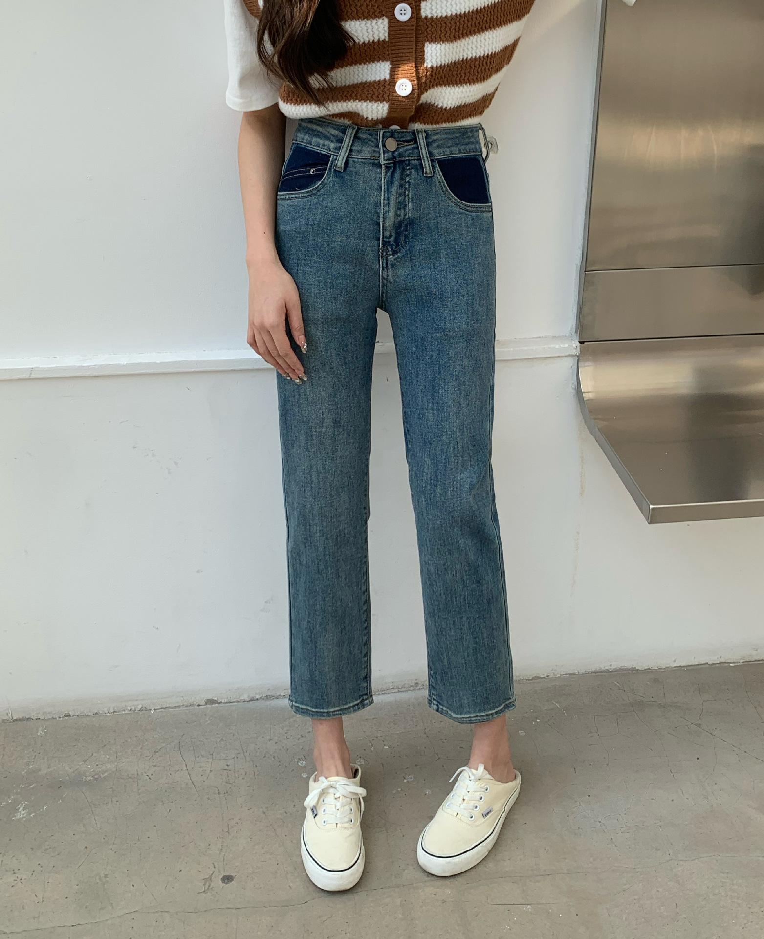 2023年撞色口袋牛仔裤女软牛仔直筒显瘦九分休闲裤韩版弹力烟管裤