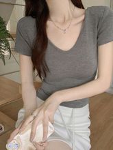韩版夏季配色U型领收腰修身上衣百搭配色甜妹短袖弹力T恤女