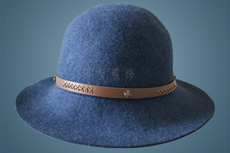 深蓝色女士礼帽光身圆顶羊毛盆帽秋冬毛呢大沿画家帽子遮阳帽