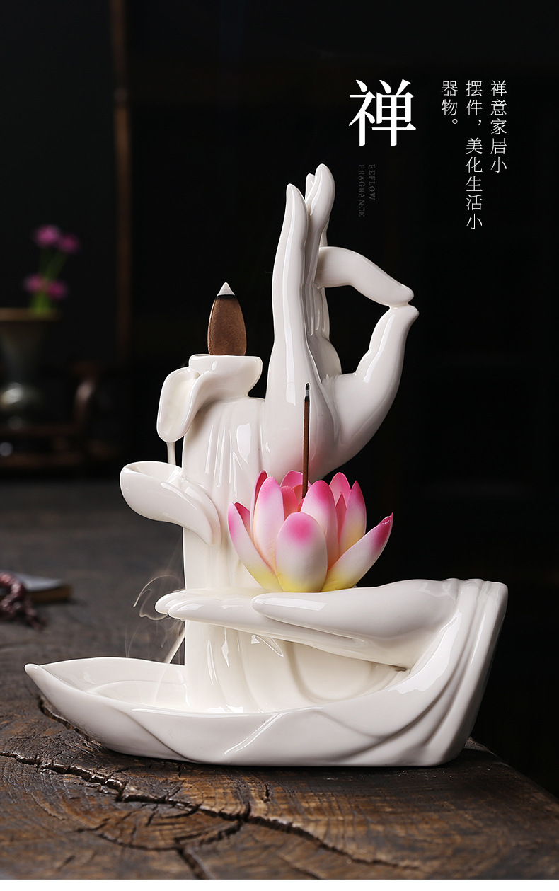 跨境陶瓷莲花佛手倒流檀香炉创意青瓷佛手香薰炉家居饰品摆件原创