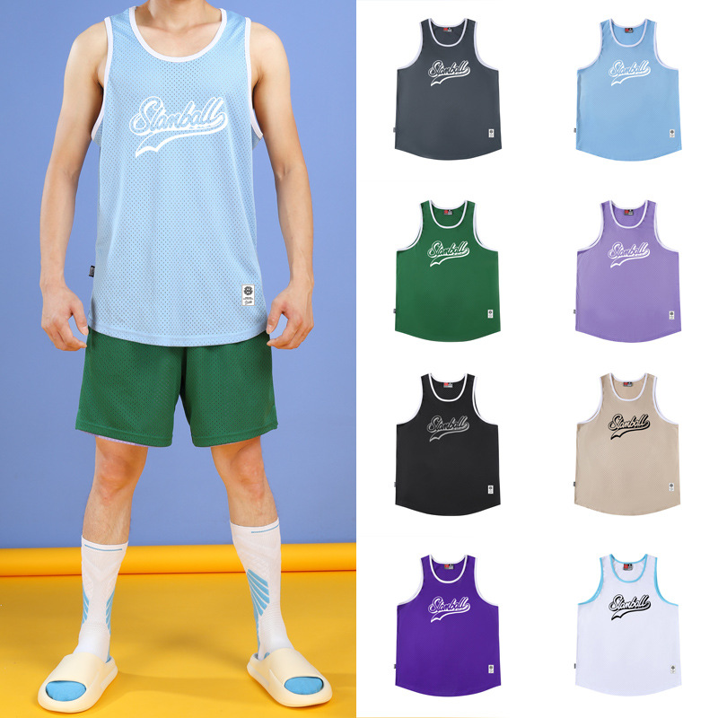 夏美式运动无袖窄肩t恤网眼篮球背心男训练健身跑步透气宽松体恤