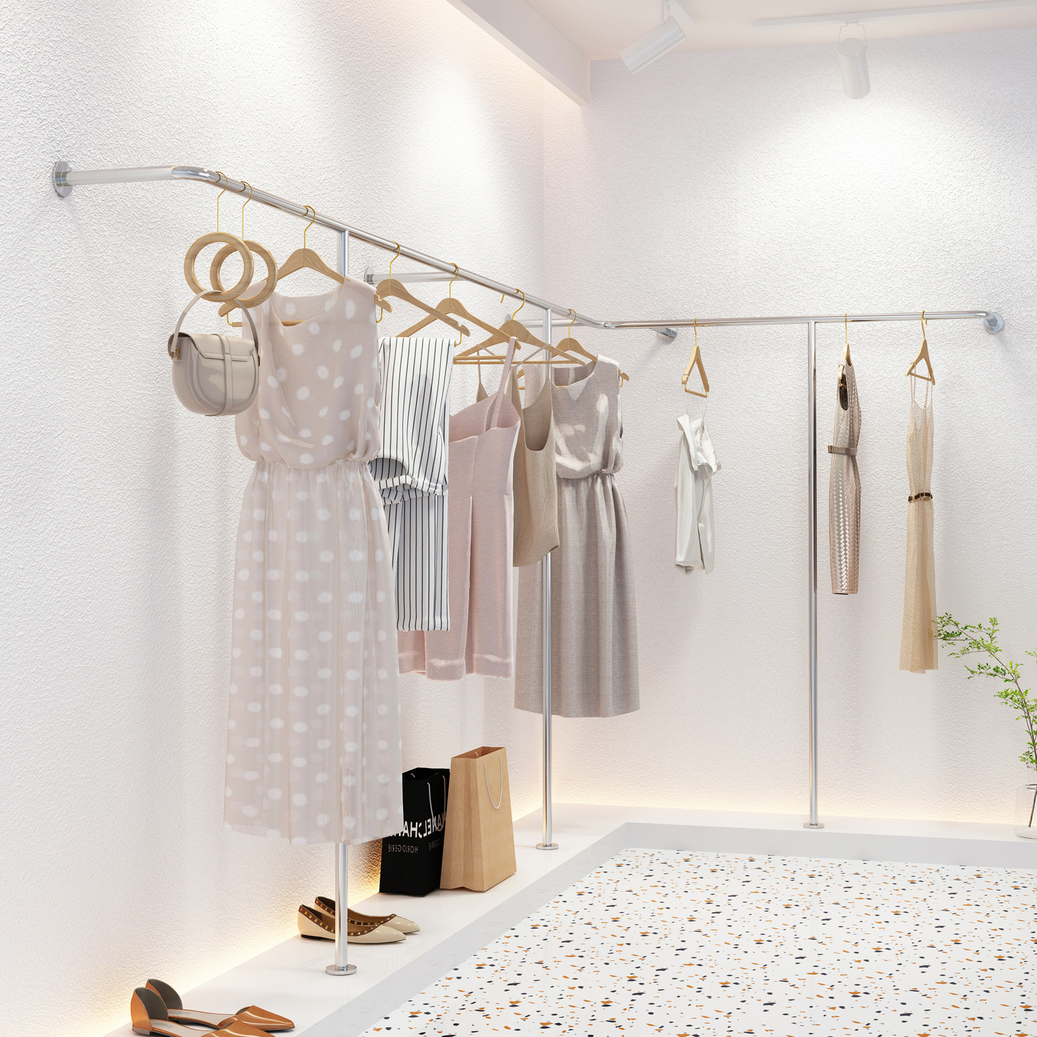 服装店展示架上墙落地式挂衣架女装店不锈钢服装陈列架网红服装架