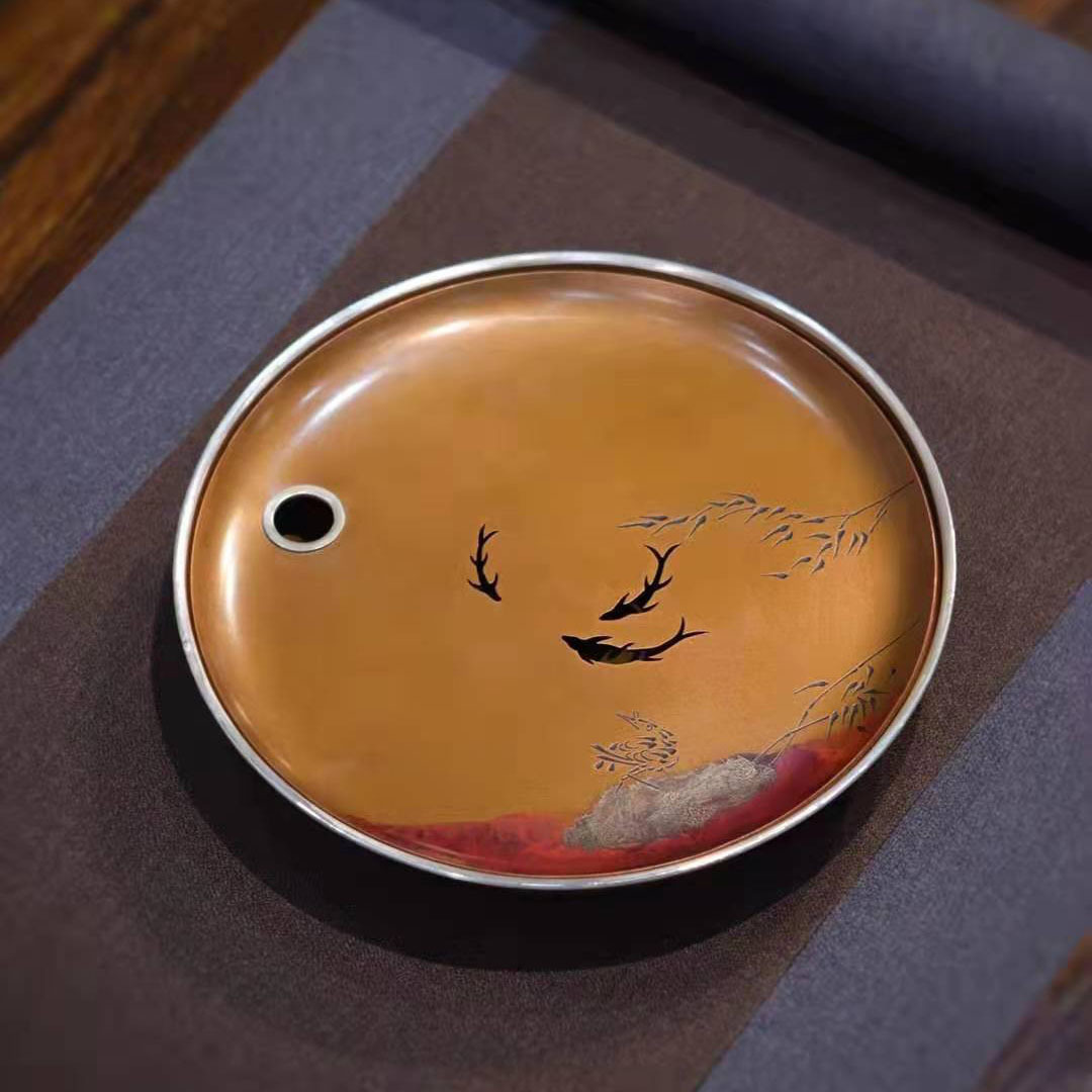 福友堂鱼戏栖鸟壶承雕刻包银边镂空设计纯铜壶承