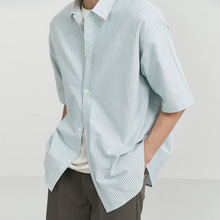 BJZE男装24夏季新款高级感条纹短袖衬衫五分半袖韩版休闲宽松上衣