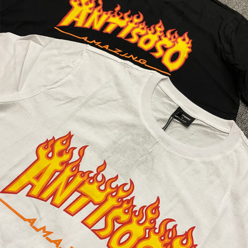 夏季男式休闲短袖t恤 潮牌antisoso火焰短袖 原创设计外贸货源
