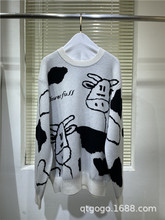 2021早春新款小众设计感山羊绒针织衫圆领套头卡通奶牛提花毛衣女