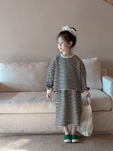 新款女童中小童春季2024细条纹韩版韩国卫衣裙套装童装拼接时髦