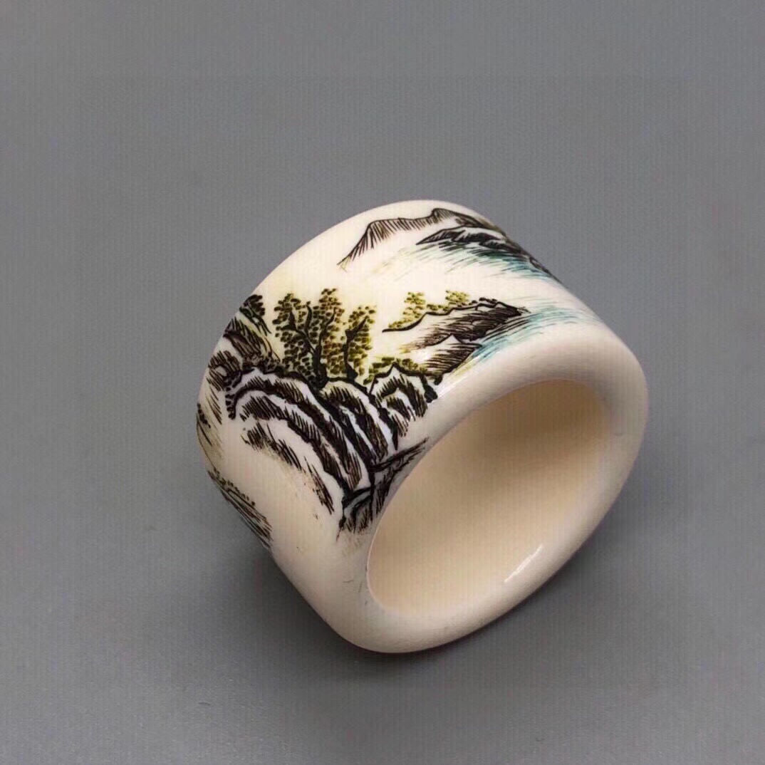 猛犸象牙山水诗句刻画扳指陈玉峰大师雕刻男女收藏珍品