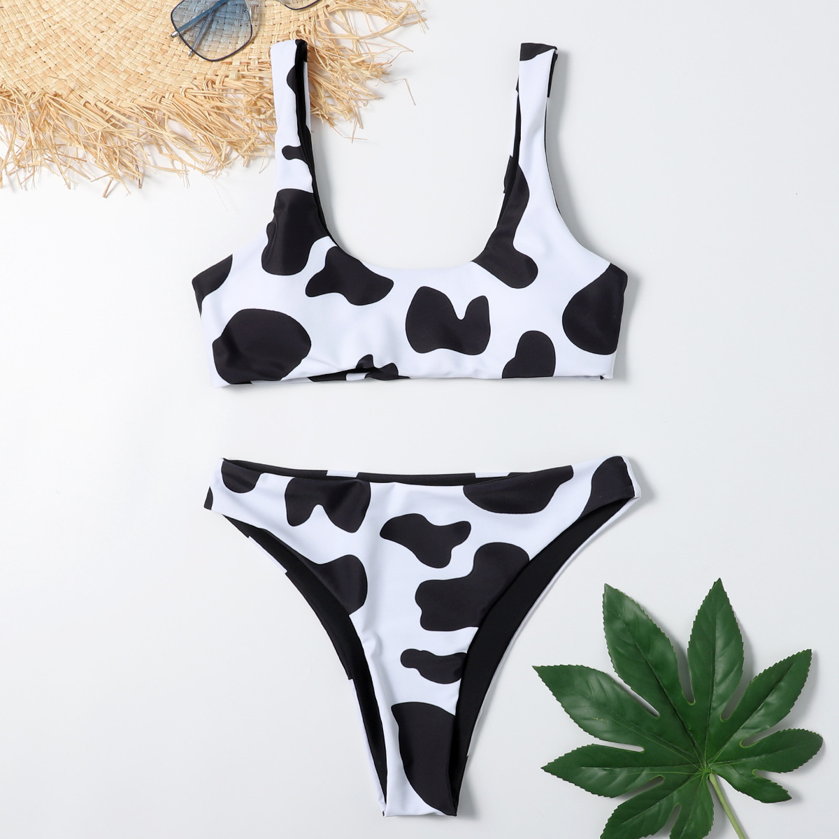 新奶牛印花小背心比基尼款分体泳衣欧美bikini速卖通泳装76130