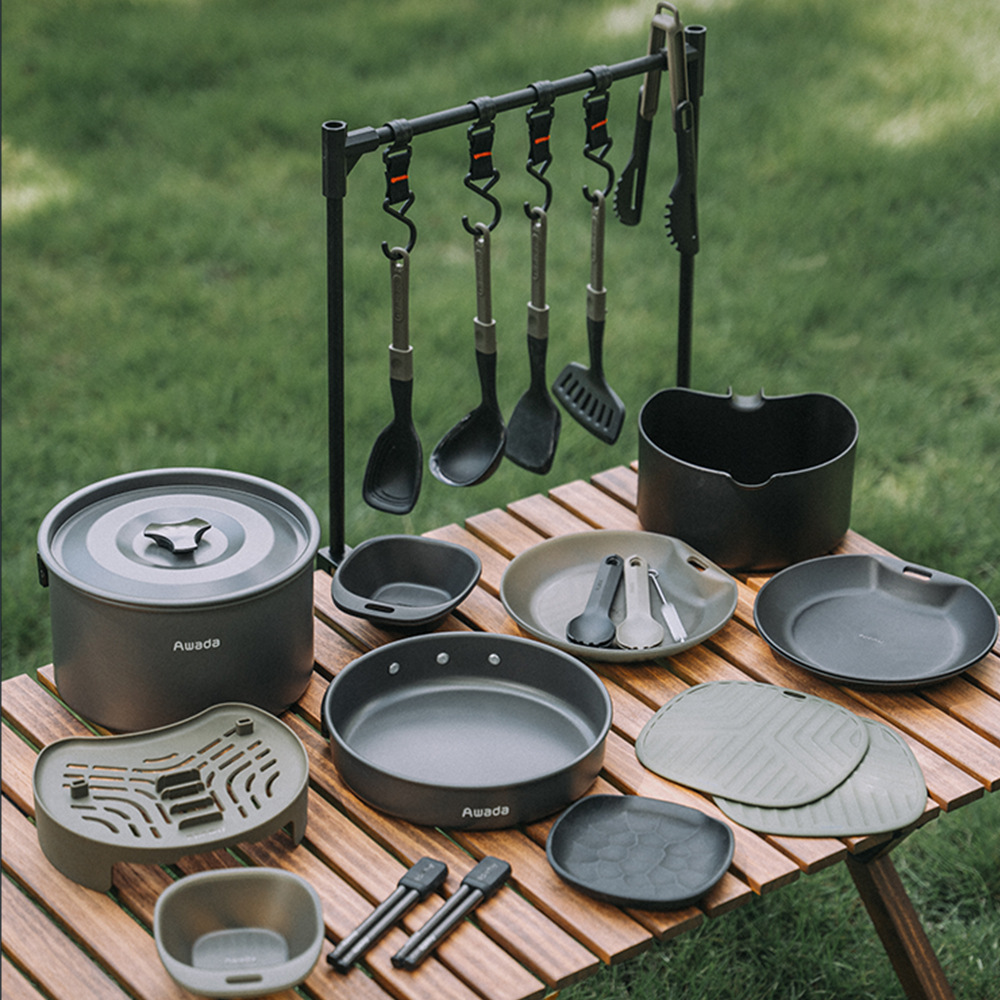 awada户外野餐烹饪套装便携折叠收纳轻量化套锅野炊餐具组合2款式