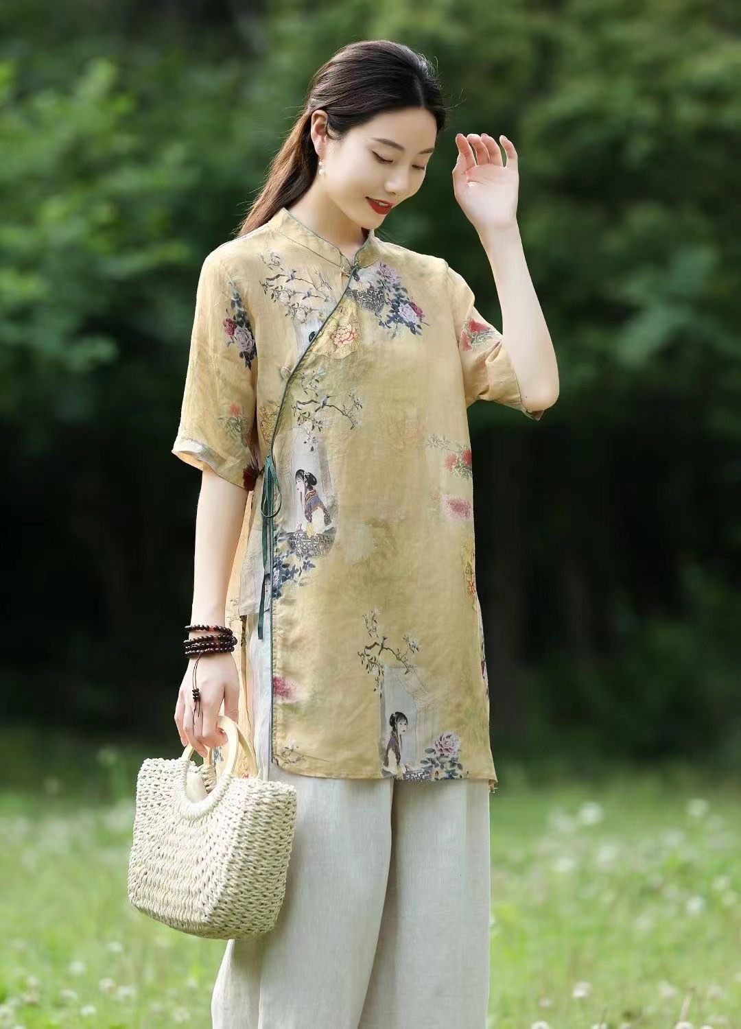 文艺复古国风斜襟盘扣袍子妈妈款印花苎麻旗袍连衣裙茶服夏女