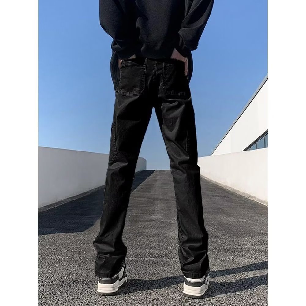 纯黑色直筒牛仔裤男修身美式vibe风裤子hiphop微喇叭休闲工装长裤