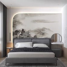 新中式意境水墨山水画客厅背景墙纸壁布书房茶室装修墙布无缝壁画