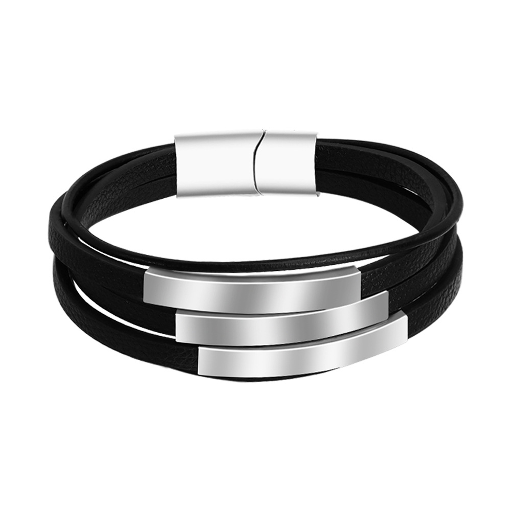 欧美三层皮手链手饰简约个性时尚三粗两细三穿孔钢体滑扣现货