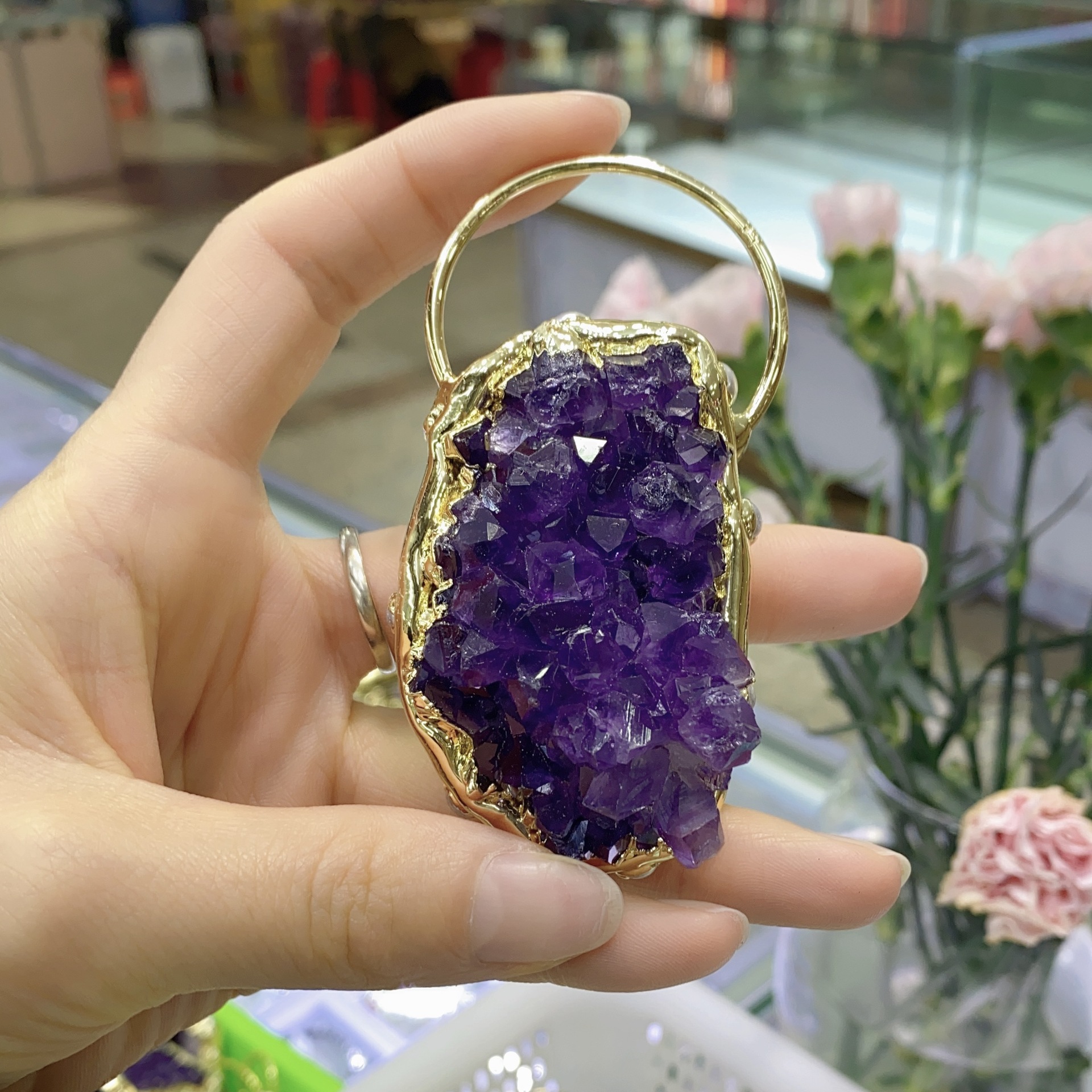 zeta天然紫晶牙不规则金色银色纯手工包边复古风格吊坠境外专供