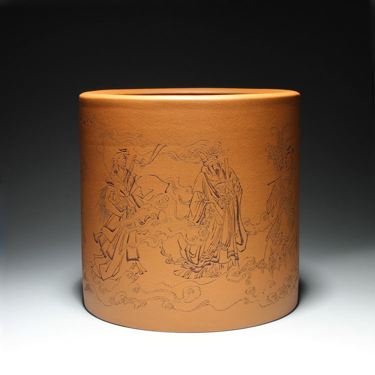 宜兴正品名家 应小青(清) 全手工 刻八仙神通图 紫砂笔筒 收藏