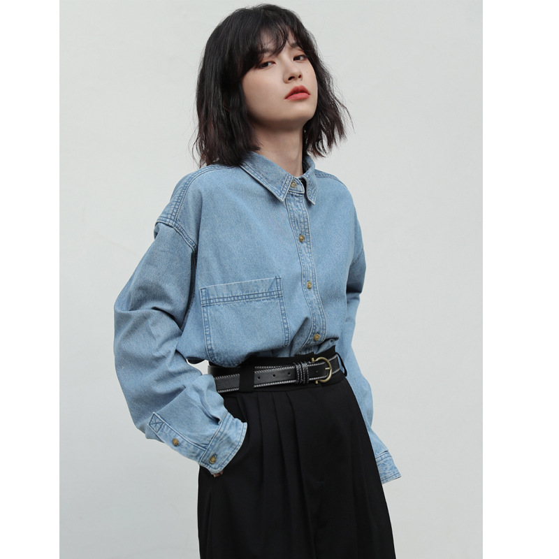港风法式牛仔衬衫复古设计感小众内搭蓝色衬衣女春款潮流代理代发