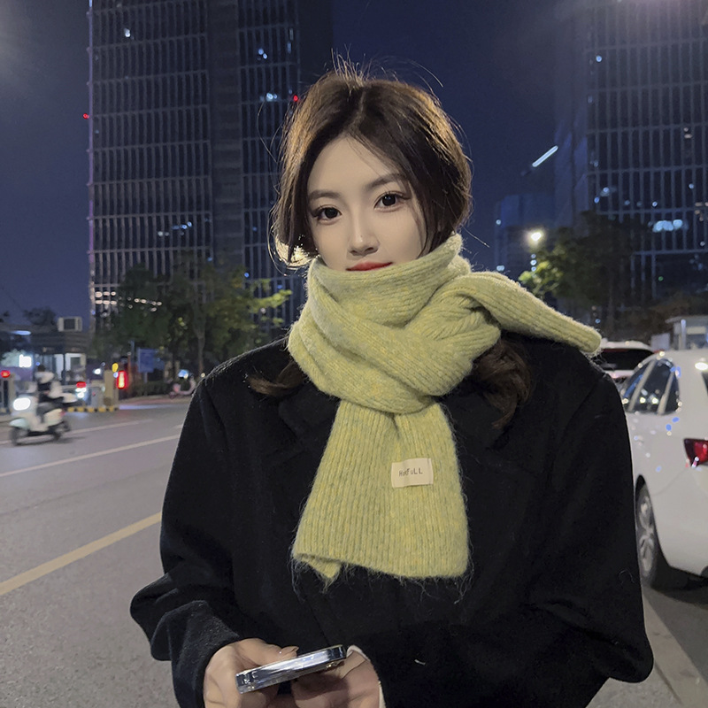 Korean Style Ins Green Knitted Scarf Women's Winter Patch Solid Color Students Warm-Keeping Wool Scarf Men's Couple