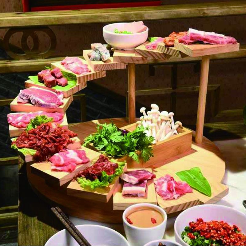火锅店网红餐具特色烤肉创意摆盘木头十二层升日式阶梯盘子