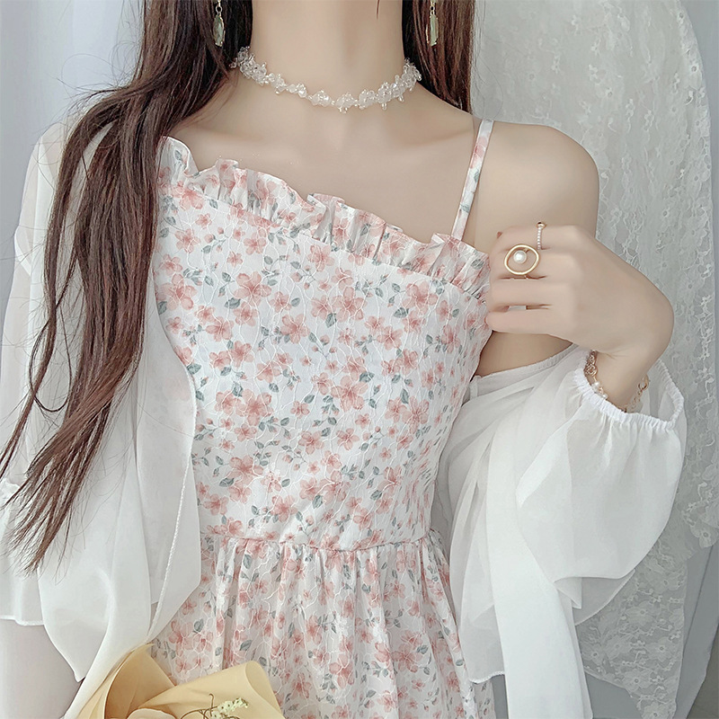 木耳边碎花裙吊带连衣裙不规则长裙收腰显瘦气质仙女裙淑女公主裙