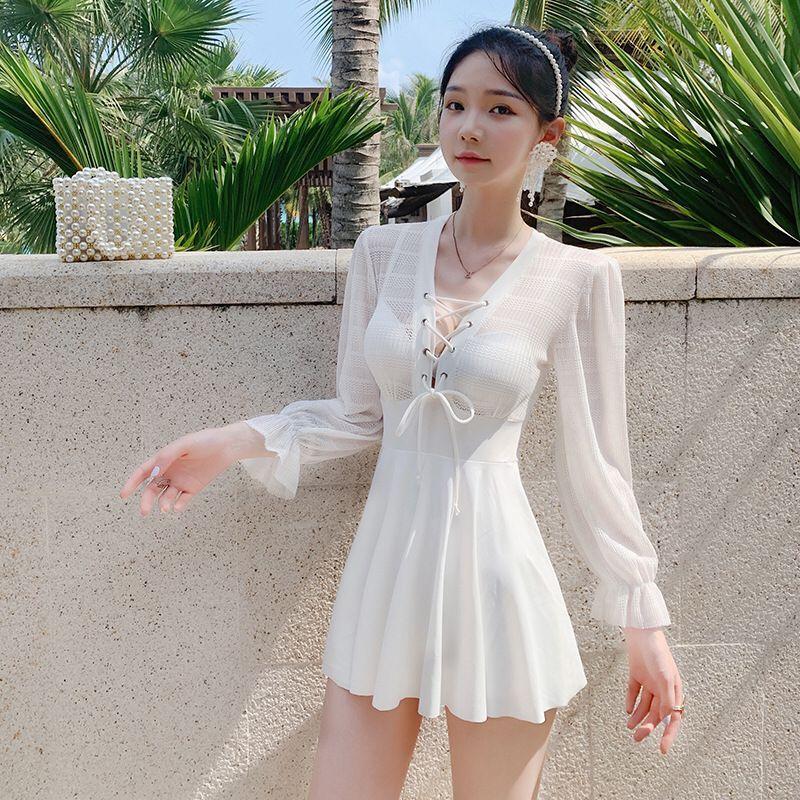 韩国东大门女神泳衣女ins风时尚保守裙式长袖连体白色仙女范泳装