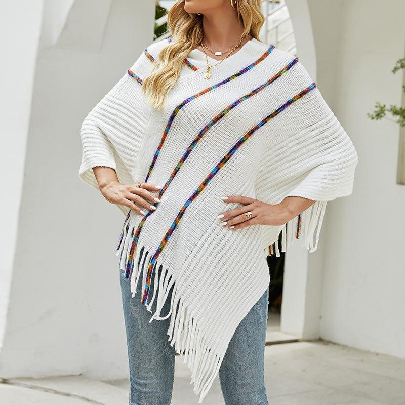 foreign trade european and american knitted shawl autumn and winter colorful striped tassel cape scarf knitted shawl outerwear decoration