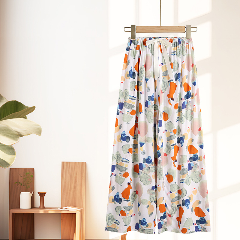 Cotton Silk Pajama Pants Casual Summer Women's Breathable Thin Wide-Leg Pants Loose Home Can Be Worn outside Cropped Culottes Air Conditioning Pants