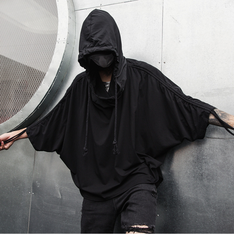 夏季潮男印花七分袖连帽t恤男士国潮嘻哈暗黑系舞台装-阿里巴巴