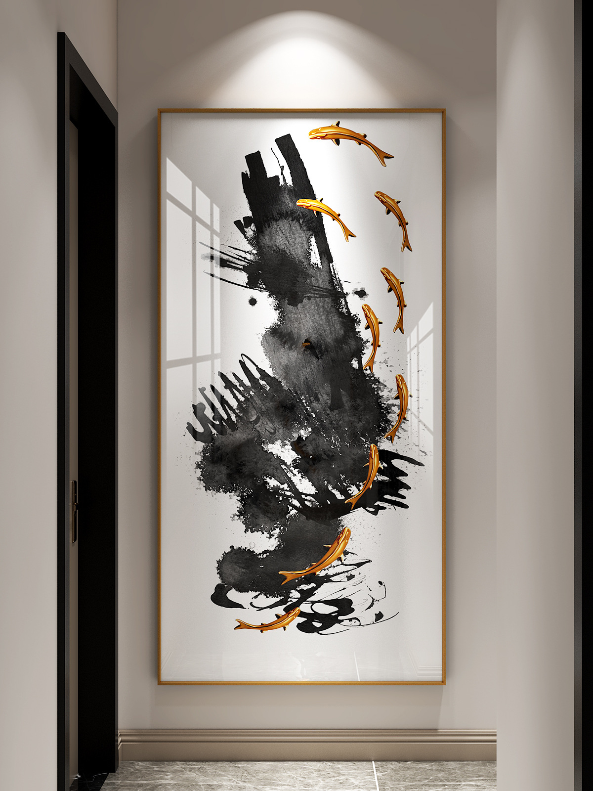 中国风玄关走廊画竖版装饰画新中式挂画鲤鱼聚财壁画客厅玄关画