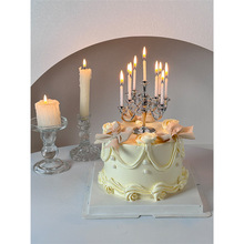 2024母亲节欧式蛋糕装饰亮银色复古烛台摆件简约妈妈生日烘焙装扮