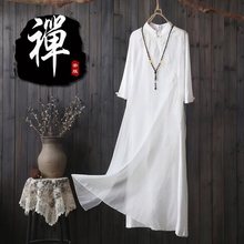 2024年新款茶服女禅意文艺连衣裙白色改良版旗袍仙气中国风茶人服