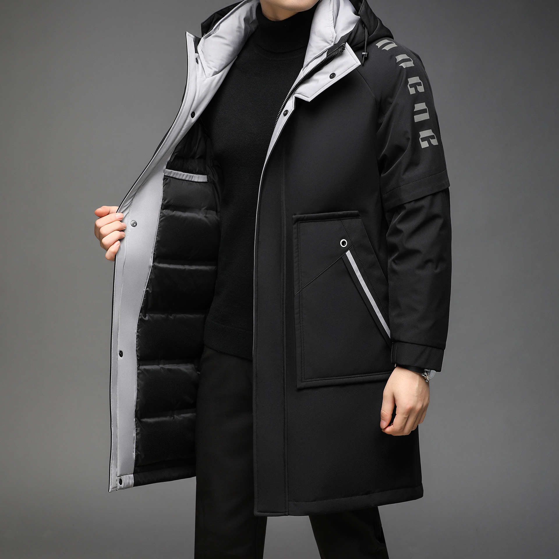 0成交82件羽绒服中长款男士连帽外套冬季防寒保暖青年休闲白鸭