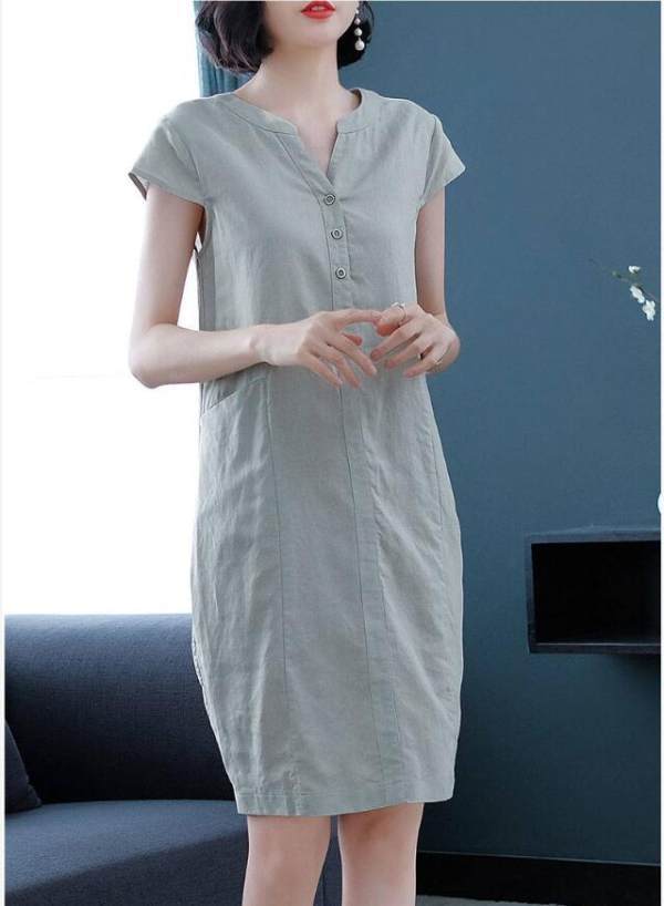 Summer 2022 Korean Style V-neck Short-Sleeved Dress for Moms Temperament plus Size Solid Color Buttons A- line Dress Age-Reducing Skirt