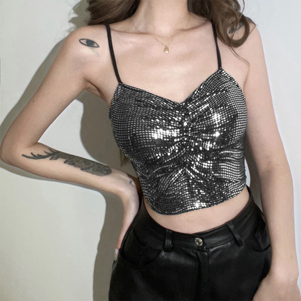 2022春夏欧美新款批发性感修身亮片休闲露脐流行吊带背心 pg0837