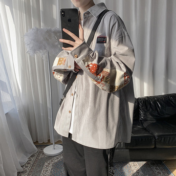 灯芯绒衬衫男设计感小众ins冷淡风男装高级感碎花衬衣拼接外套男