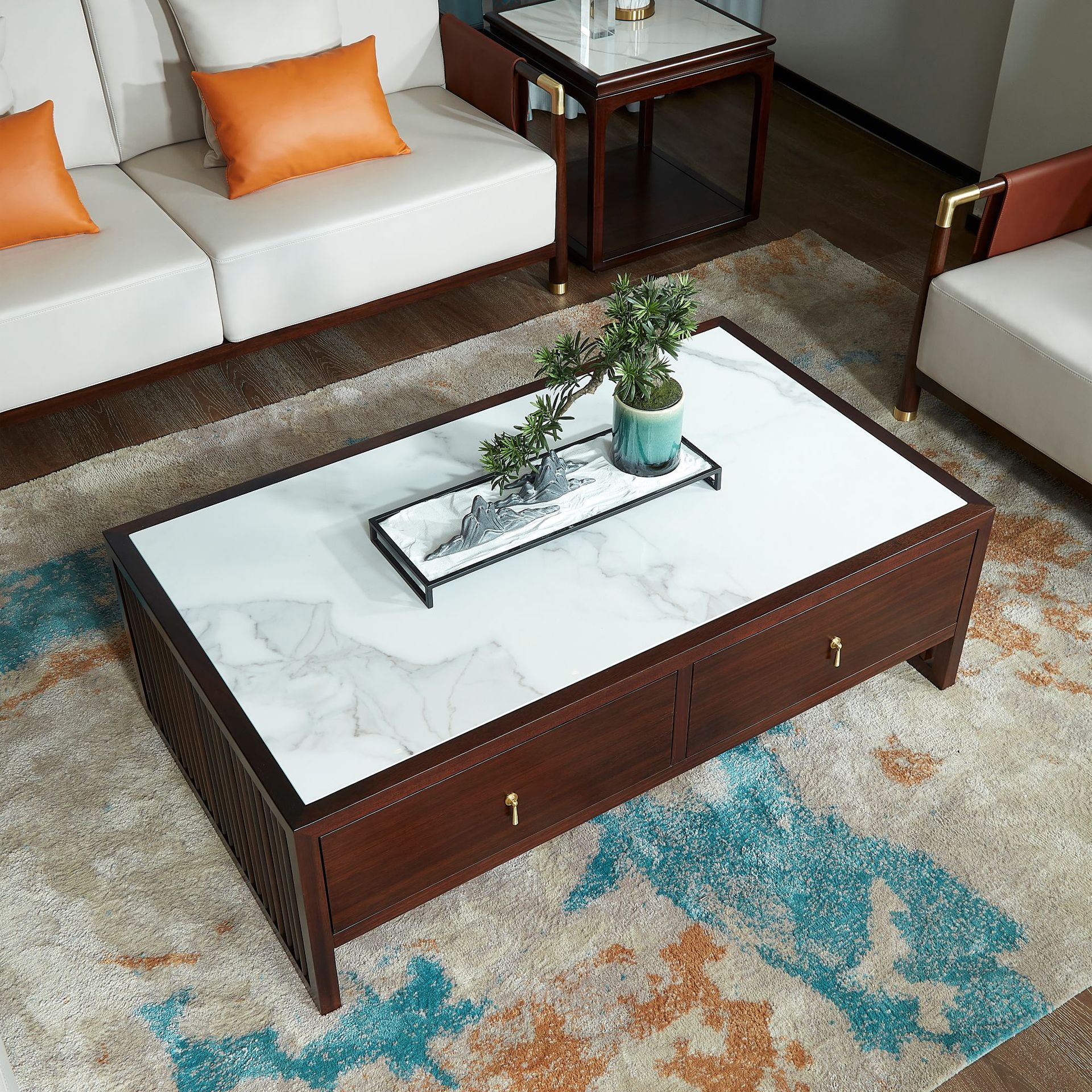 新中式岩板茶几组合禅意轻奢现代中式客厅实木茶几储物柜