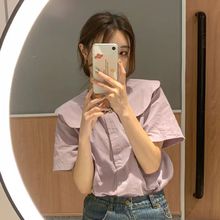 荷叶领衬衫女潮夏季新款韩版法式甜美上衣设计感小众短袖衬衣洋气