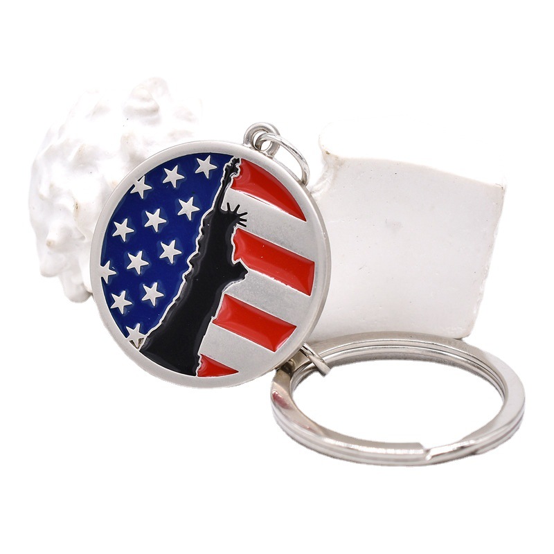 American Independence Day Flag Zinc Alloy Key Ring Statue of Liberty Five-Pointed Star Red Blue White Drop Oil Keychain Wholesale