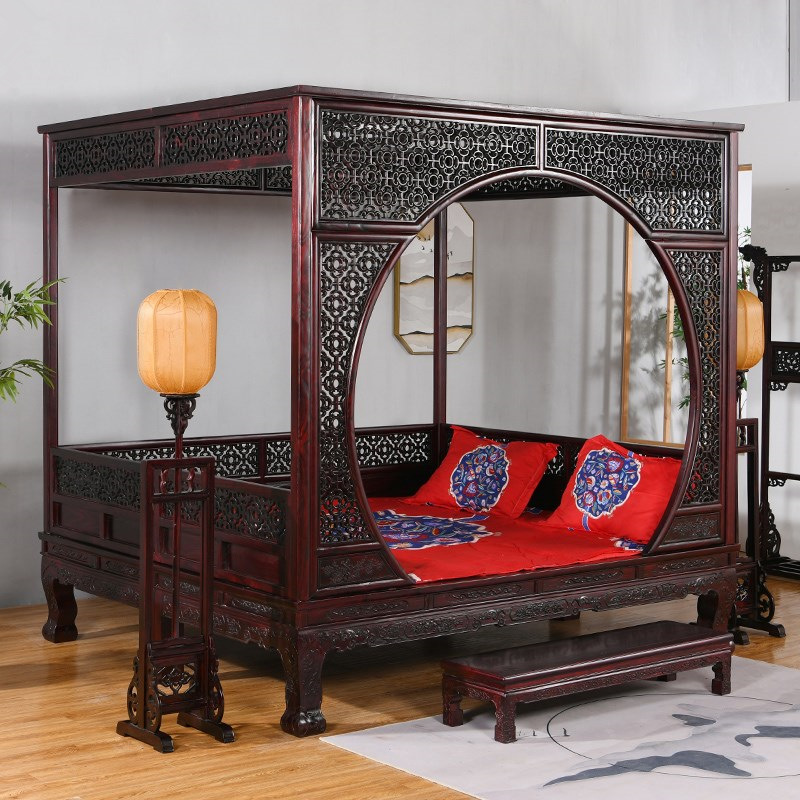 明清仿古古典红木新中式实木榆木千工月洞床双人架子床拔步踏步床
