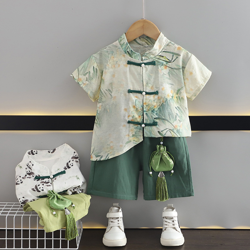 Boys Summer Suit 2024 New Fashionable Korean Style Printed Short-Sleeved Shirt Two-Piece Set Little Children Baby Clothes