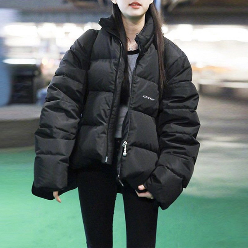 2021冬季韩版黑色宽松加厚白鸭绒面包羽绒服女